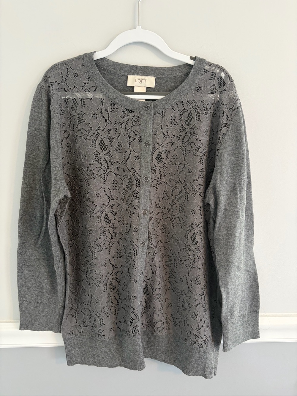 Loft Gray Lace Front Crewneck Cardigan Sweater